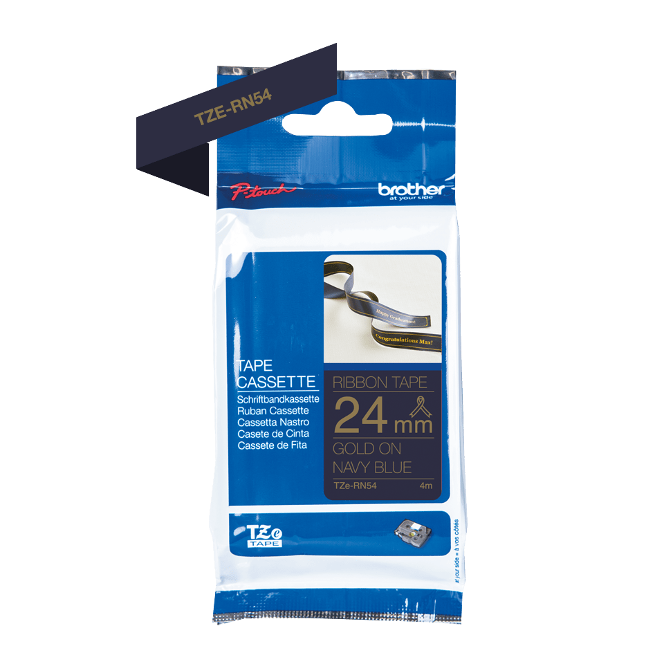 Oriģināla Brother TZe-RN54 auduma lentes kasete – zelta drukas tumši zila, 24mm plata 2